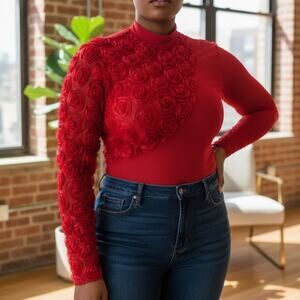 Glam Red Rose-Detail Women's Bodysuit